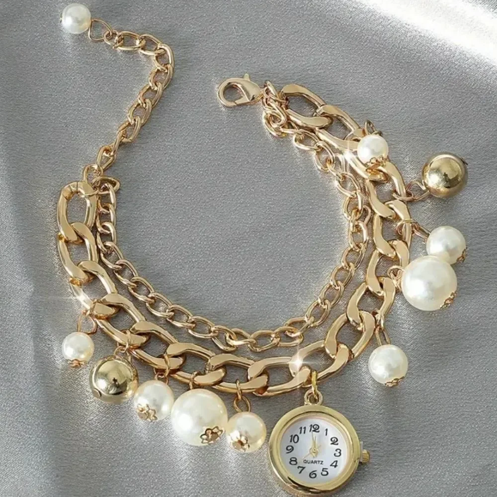 Gold Charm Bracelet Watch Faux Pearl Layered Chain Vintage Inspired Old Money